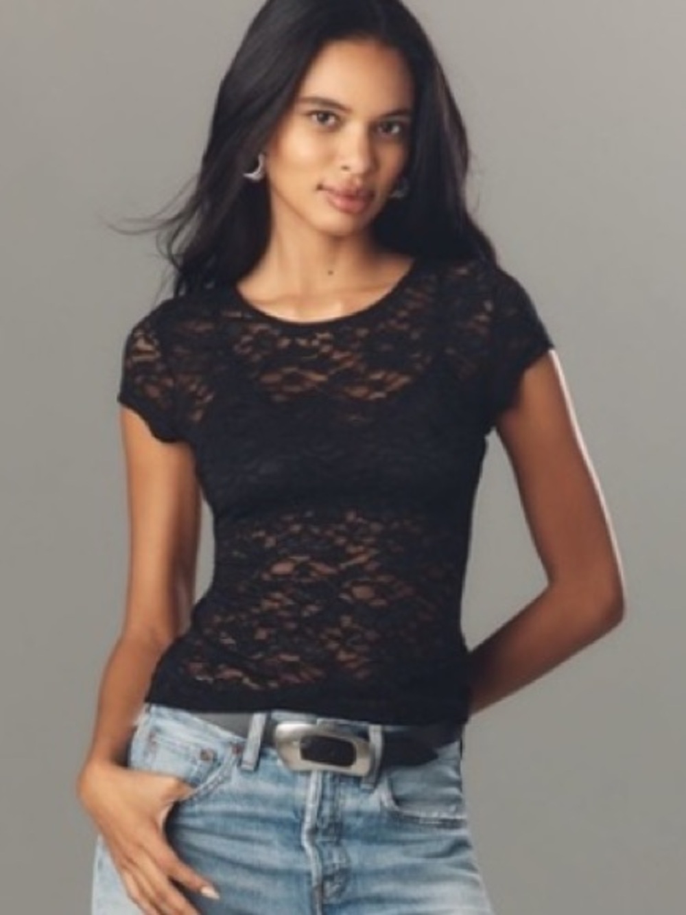By Anthropologie Short-Sleeve Crew-Neck Lace Top